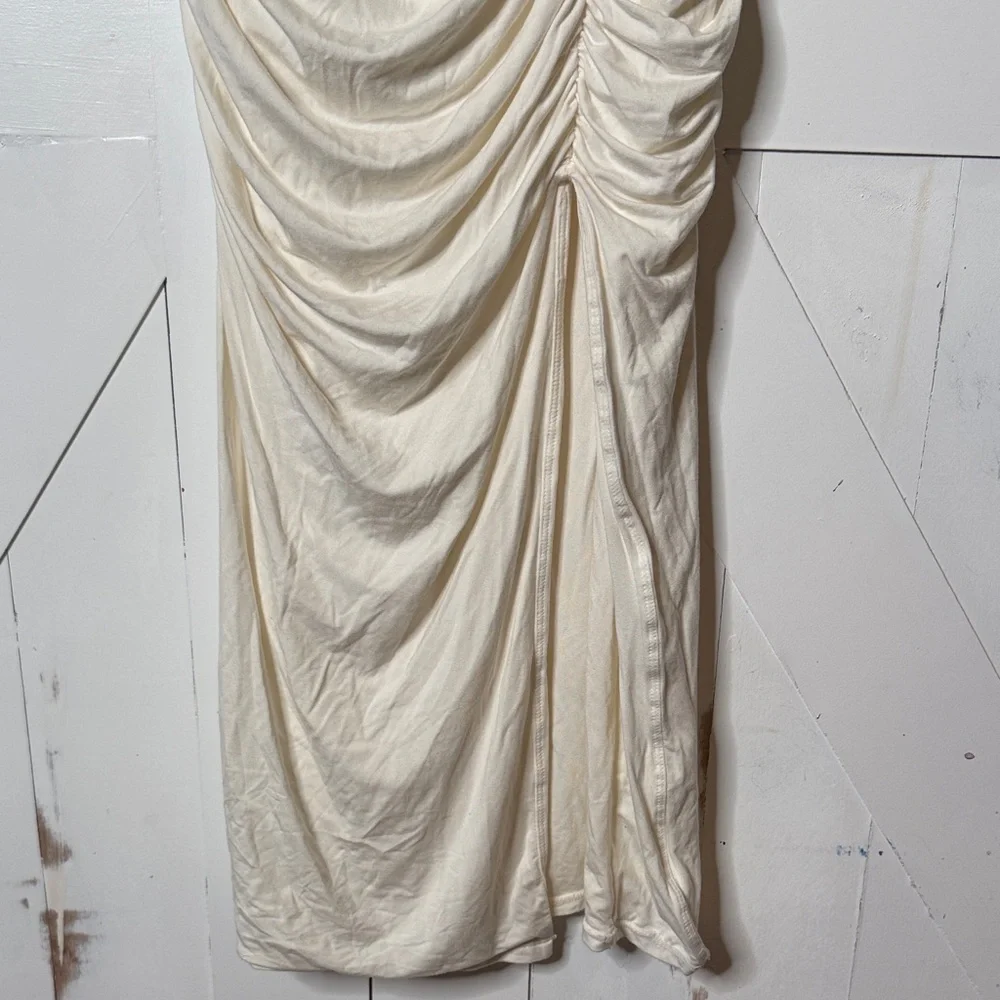 Klassy Network Cream Strapless Midi Dress with Thigh Slit